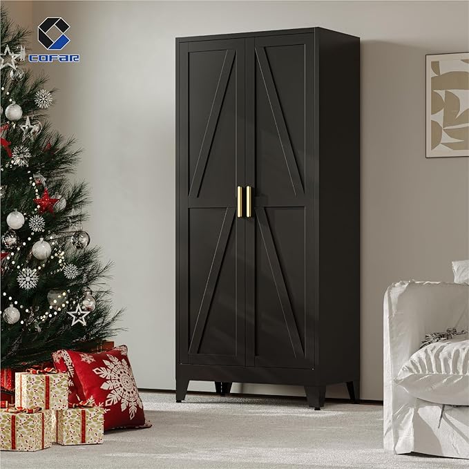 COFaR Wardrobe Closet with Doors, Metal Bedroom Armoire with Adjustable Hanging Rod and Shelves, Farmhouse Broom Closet Storage Cabinet for Garage Laundry Office, 70.87" H x 31.5" W x 17.72" D, Black