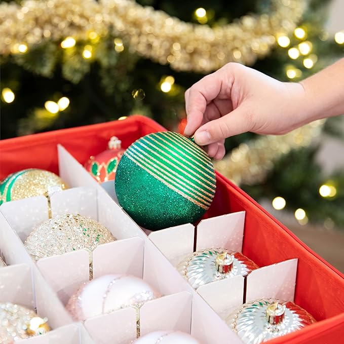 Christmas Ornament Storage Container with Dividers - Box Stores Up to 96 Ornaments, Zippered, Convenient, Adjustable, Large Organizer Bin to Protect Holiday Décor, Fits Most Standard Size, Red