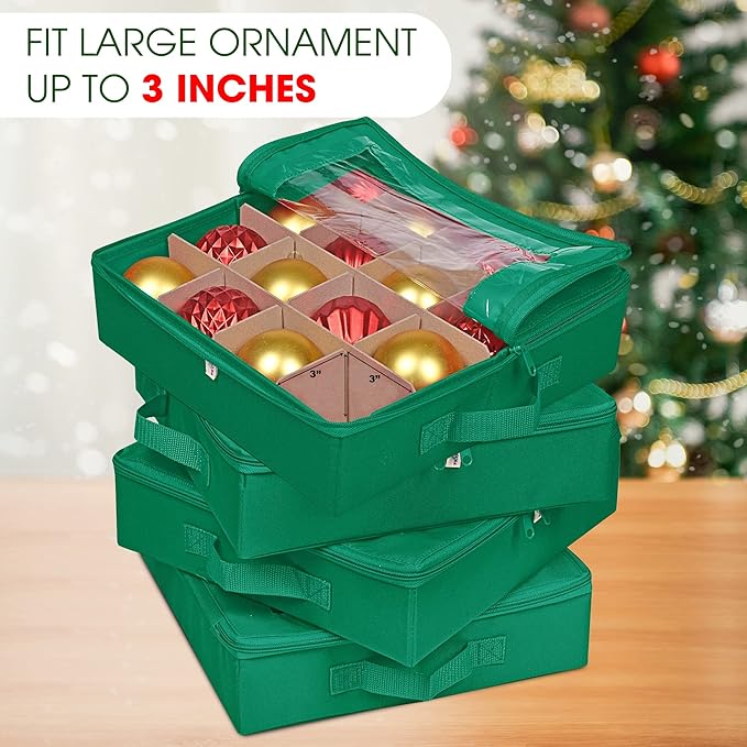 ProPik 4 Pcs Christmas Ornament Storage Boxes with Dividers | 4 Individual Trays Hold 64 Holiday Decoration Balls | Durable Ornaments Organizer Storage Box | Zippered Closure with Handles (Green)