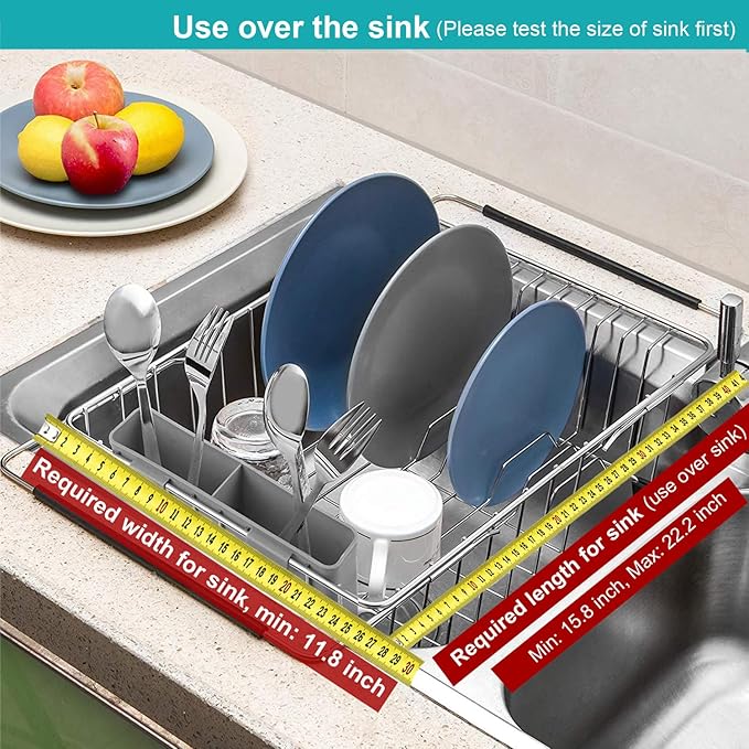 iPEGTOP Expandable Multifunctional Dish Drying Rack, Over The Sink, in Sink Or On Counter Dish Drainer Basket Organizer Shelf with Removable Grey Utensil Silverware Holder, Rustproof Stainless Steel