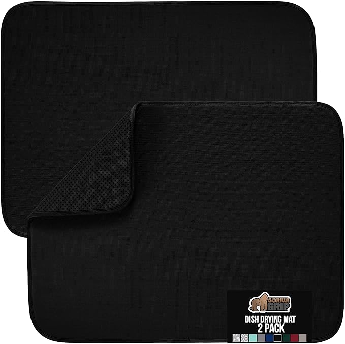 GORILLA GRIP Ultra Water Absorbent Microfiber Dish Drying Mat 2 Pack, Quick Dry Thick Mesh, Slip Resistant Pad for Sink Dishes or Under Rack, Kitchen Counter Accessories, Machine Wash, 18x16, Black