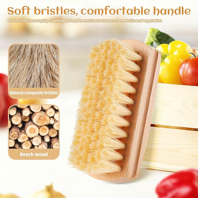 Vegetable and Fruit Cleaning Brush Scrubber Beechwood Handle Fruits Veggie Wash Brushes Potato Carrot Cucumber Mushrooms Washing Cleaner(Beige, 2)