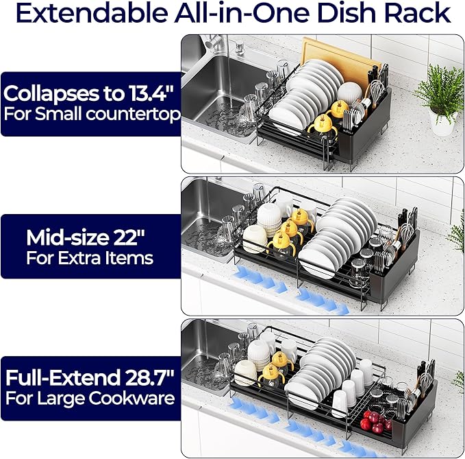 Pantasia Large Dish Drying Rack, Expandable Dish Rack for Kitchen Counter, Upgraded Dish Drainer with Drainboard Set, Multifunctional Dishrack with Utensil Holder & Cup Holder, 13.4"-28.7" L x 11.8" W