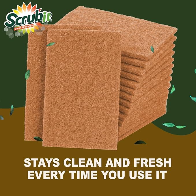 SCRUBIT Biodegradable Natural Scouring Pad Eco Friendly Scrub Pads for Kitchen Cleaning, Dishes, and Pots - Non-Scratch Compostable Coconut Walnut Scrubbers - 100% Natural Sisal Fibers (50)