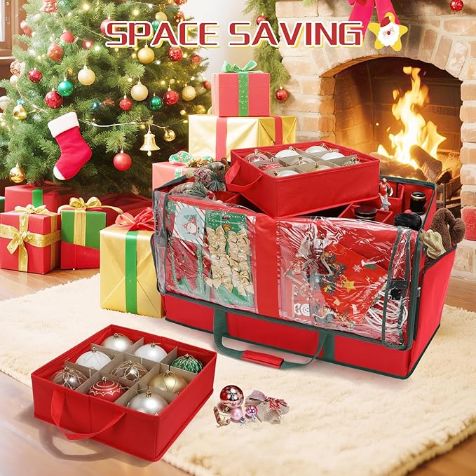 Large 2-in-1 Christmas Ornament Storage Box & Xmas Figurine Container,4 Separate Trays Keep 64-3"/ 36-4" Holiday Ornaments,Adjustable Extent Area for Figurines and Pockets for Decoration
