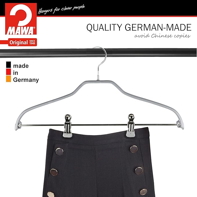 Mawa by Reston Lloyd Silhouette Series Non Slip Space Saving Hanger with Pant Clips, Style 40/FK, Set of 70, Black