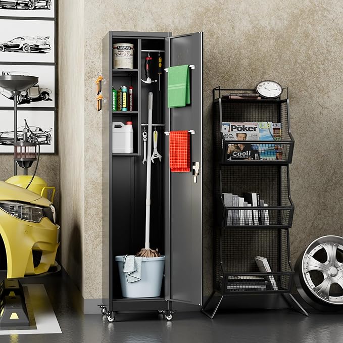 72" H Broom Closet Storage Cabinet, Metal Garage Storage Cabinet with Wheels, Pegboard, Locking Door and Hooks for Garage, Home, Utility Cleaning Cabinet for Broom and Mops, Black