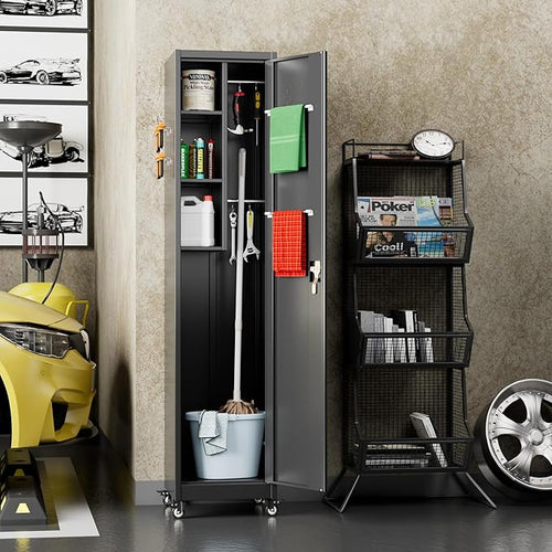 72" H Broom Closet Storage Cabinet, Metal Garage Storage Cabinet with Wheels, Pegboard, Locking Door and Hooks for Garage, Home, Utility Cleaning Cabinet for Broom and Mops, Black
