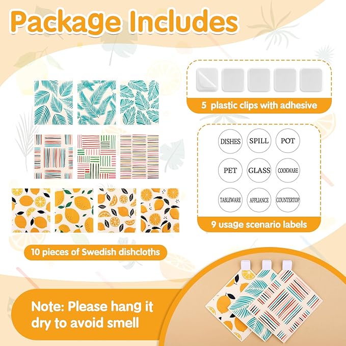 Lucomb 10 Pack Swedish Dishcloths Washable, Reusable Swedish Cloths Biodegradable Kitchen Towels with Hanging Clips, Cellulose Cotton Blend, Lemon Prints