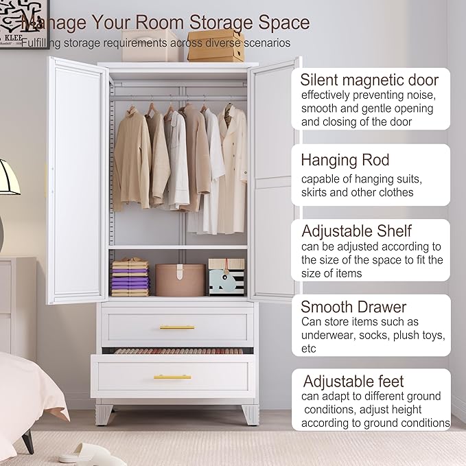 Metal Armoire Wardrobe Closet, 71 "Metal Clothing Storage Cabinet with Mirror and Adjustable Shelves, Household Steel Wardrobe Storage Cabinet with 2 Drawers and Hanging Rod(Armoire-White)