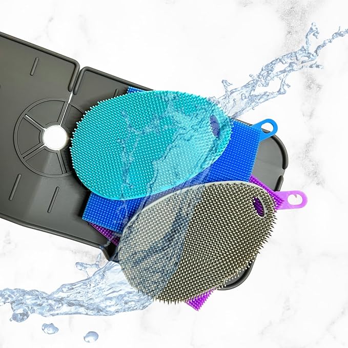 Asiopphire Faucet Mat for Sink - Silicone Scrubber Dish Set, Splash Guard, Food Grade BPA Free Kitchen Scrubber
