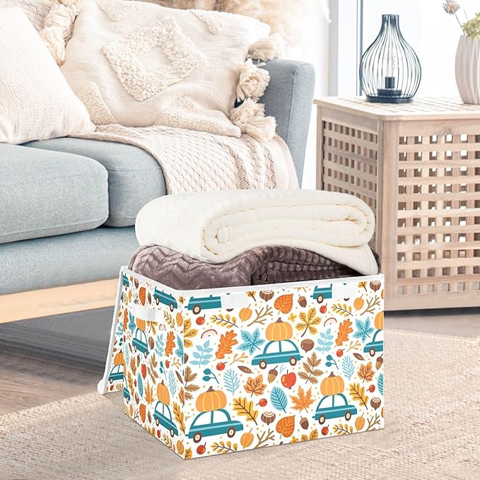 Thanksgiving Storage Baskets Collapsible Storage Bins with Lids, Thanksgiving Fall Maple Leaves Truck Pumpkins Storage Boxes Clothes Baskets for Organizing
