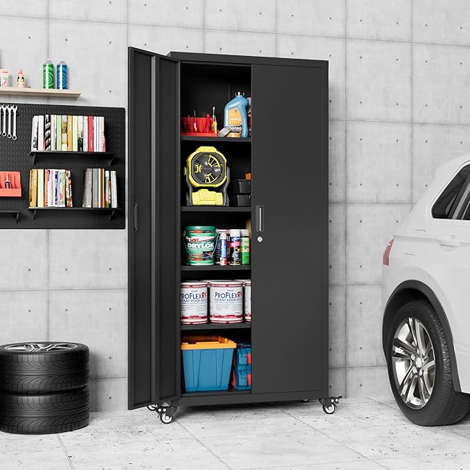 Garage Storage Cabinets with Wheels,Metal Storage Cabinet with Adjustable Shelves forGarage Office Home Warehouse, Assemble Required, Black,15.71" D x 31.57" W x 73" H