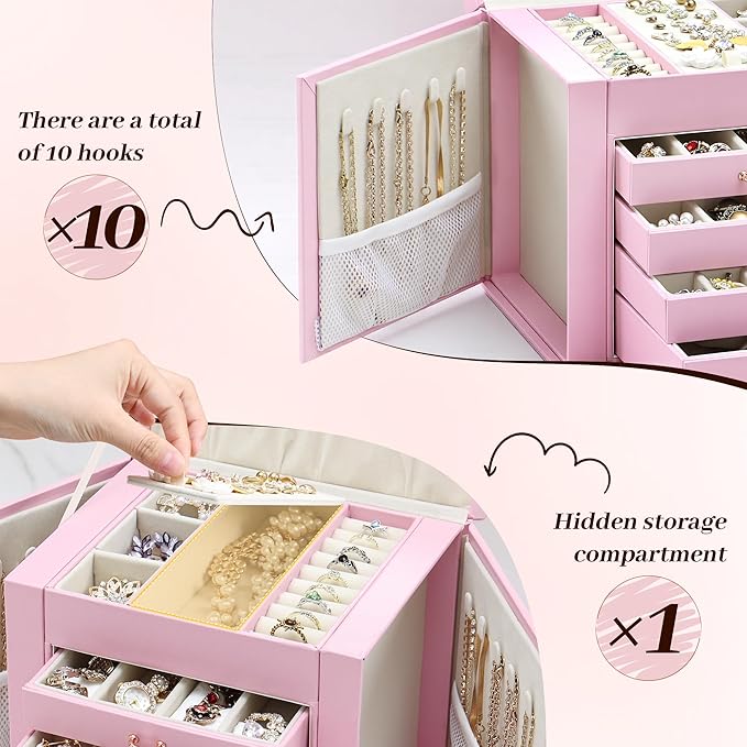EnHomee Jewelry Box for Women, 5-Layer Large Jewelry Organizer with Mirror & 4 Drawers for Rings, Earrings, Necklaces, Bracelet Lockable Case with Lock (Pink + Gold)