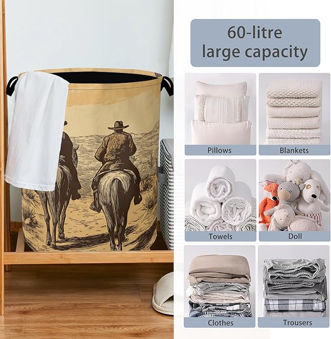 Western Cowboy Laundry Basket,Oxford Cloth Laundry Hamper with Handle Foldable Portable Clothes Storage Basket for Bathroom Bedroom Dorm Room 16" x 20.8"