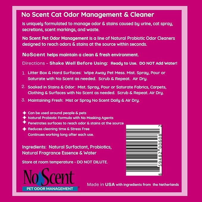 No Scent - Cat Litter Box Cleaner - 2 Fl Oz (59 mL) - Odor & Stain Remover with Probiotic Formula - Freshener for Furniture, Fabric, Hard Surfaces & Car