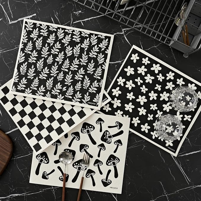 RECYCO Swedish Dishcloths for Kitchen | 4 Pack Oversized Washable Dish Rags | Large Cellulose Reusable Cleaning Paper Towels | Absorbent Counter Dish Cloth Sponge XL Kitchen Wipes, 12" L x 10" W