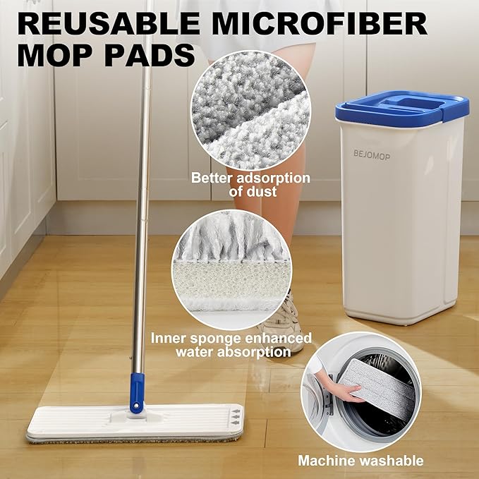 BEJOMOP Mop and Bucket Set with Wringer, Dry & Wet Dust Mop for Household Floor Cleaning with 5 Microfiber Mops, Flat Squeeze Spin Wall Mop Cleaner with Long Handle, Slate Blue