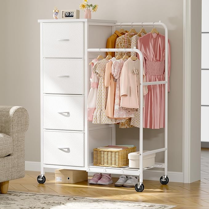 47.3" H Dresser with Hanging Rack, 4 Fabric Drawers with Double Clothes Rack & Wheels, Tall Closet Organizer Dresser for Bedroom, Entryway, White, 15.8" D x 29.9" W x 47.3" H