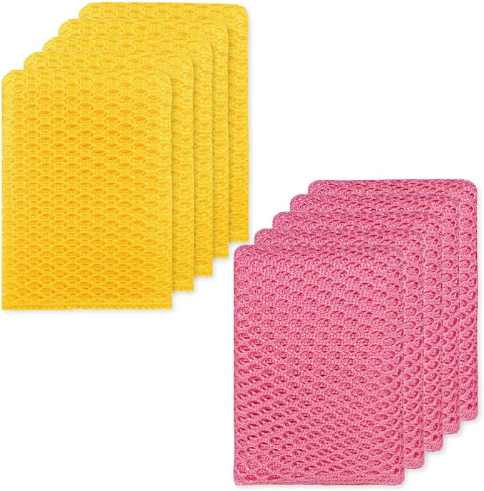 Basic Dish Wash Net (10Pcs) - All Purpose, Non-Scratch, Heavy Duty Dish Scrubbers for Cleaning Dishes, Pots and Pans Color Pink (Pink & Yellow 10 Pcs)