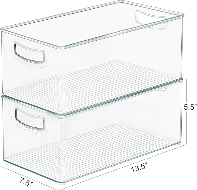 Heyuzb 2 Pack Clear Freezer Organizer Bins Stackable Storage Bins with Side Handles for Kitchen Pantry Cabinet Organzation and Storage
