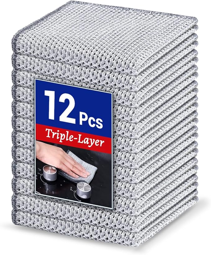 Wangjinpeng 12 PCS 3-Layer Non-Scratch Multipurpose Steel Wire Dishcloths - Reusable Quick-Dry Odor-Free Scrub Cloths for Dishes, Kitchen Cleaning Cloths for Cookware, Sinks, Stove Tops(7.87X7.87)