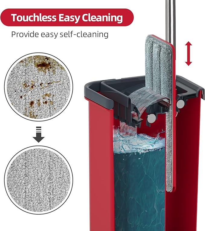 BOSHENG Mop and Bucket with Wringer Set, Flat Mop and Bucket, Squeeze Floor Mop with 3 Washable Microfiber Mops, Wet and Dry Use, Household Cleaning Tools, for Hardwood Floor, Laminate, Tile