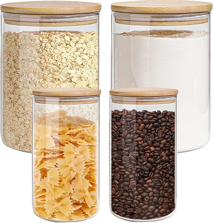EQEY Glass Storage Jars Set Elegant Containers with Airtight Bamboo Lids, Perfect for Kitchen Organization - Flour, Rice, Pasta, Sugar, Coffee Beans (2 packs(37oz) / 2 packs(111oz))