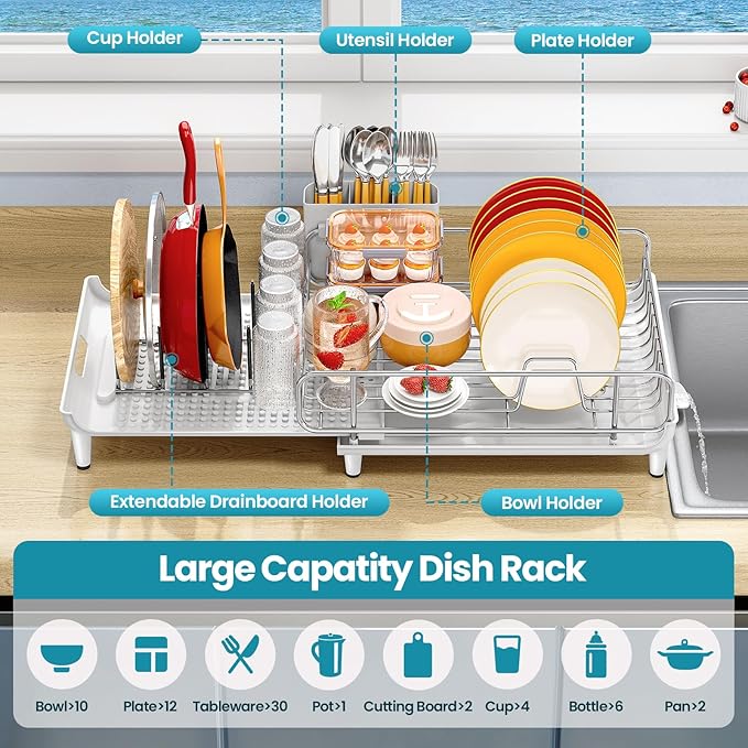 TOOLF Expandable Dish Rack, Dish Drying Rack for Kitchen Counter, Foldable Dish Dryer Rack, Stainless Steel Dish Drainer Racks with Cutlery Holder, Collapsible Dish Drying Racks Large Size, White