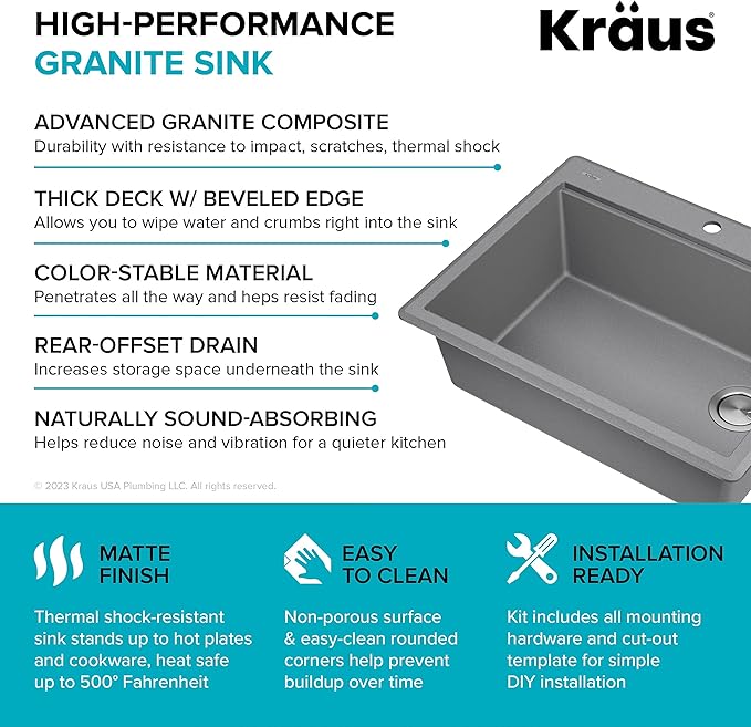 KRAUS Bellucci 28-inch Granite Workstation Drop In Top Mount Single Bowl Kitchen Sink in Metallic Grey with Accessories, KGTW12-28MGR