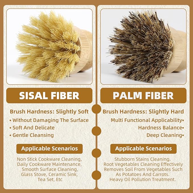 VALENTISE 4 Pack Bamboo Dish Brush Set, Natural Palm Dish Scrubber for Pots and Vegetables, Sisal Bristle Bamboo Scrub Brush for Cleaning Dishes and Pans