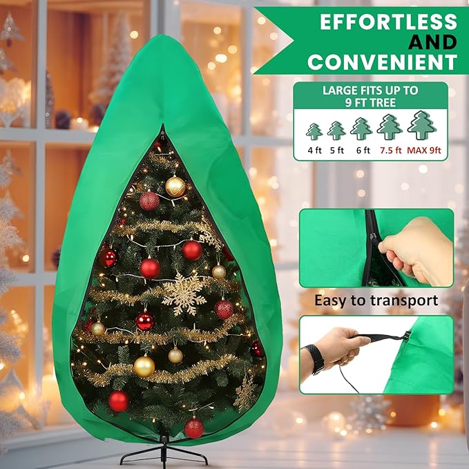 Upright Christmas Tree Bag 7.5 ft /8 ft Christmas Tree Covers for Upright Storage with Zipper & Adjustable Straps with Xmas Ornament Storage Bag Green(large)