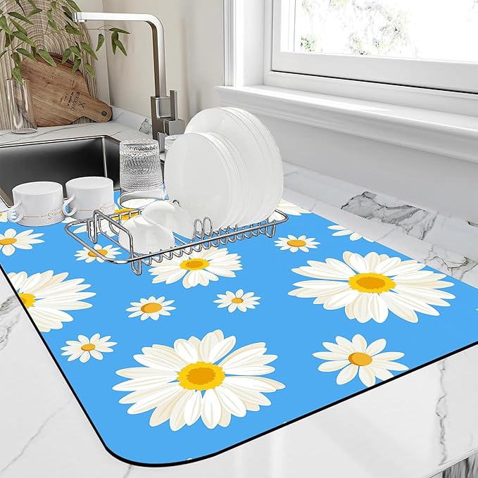 Kitchen Mat White Daisy Flowers Dish Drying Mat 12"x19" Bsorbent Coffee Maker Mat for Sink Dishes or Under Rack Kitchen Counter Accessories Absorbent Hide Stain Rubber Backed Dish Drying Pad