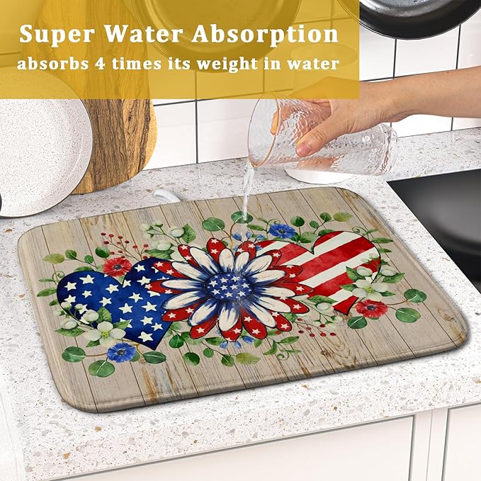 Independence Day Dish Drying Mat 16x18 inch Patriotic Love Heart Fast Dry Microfiber Dishes Drainer Rack Pad Kitchen Counter Accessories