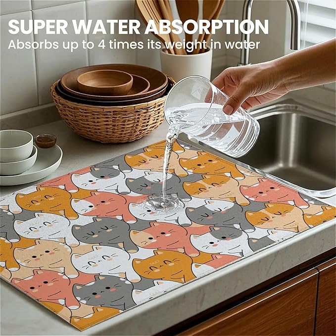 Dish Drying Mat For Kitchen Counter, Cute Cats Animals Microfiber Absorbent Dish Drainer Rack Pad Reusable Large 18x24in Drying Mat