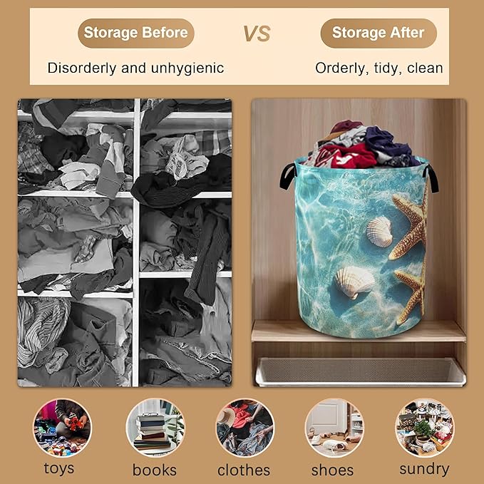 Starfish Shells Laundry Basket,Sea Beach Collapsible Laundry Baskets with Handles,Waterproof Oxford Cloth Storage Basket 16"x20" for Bathroom/Bedroom/Dormitories
