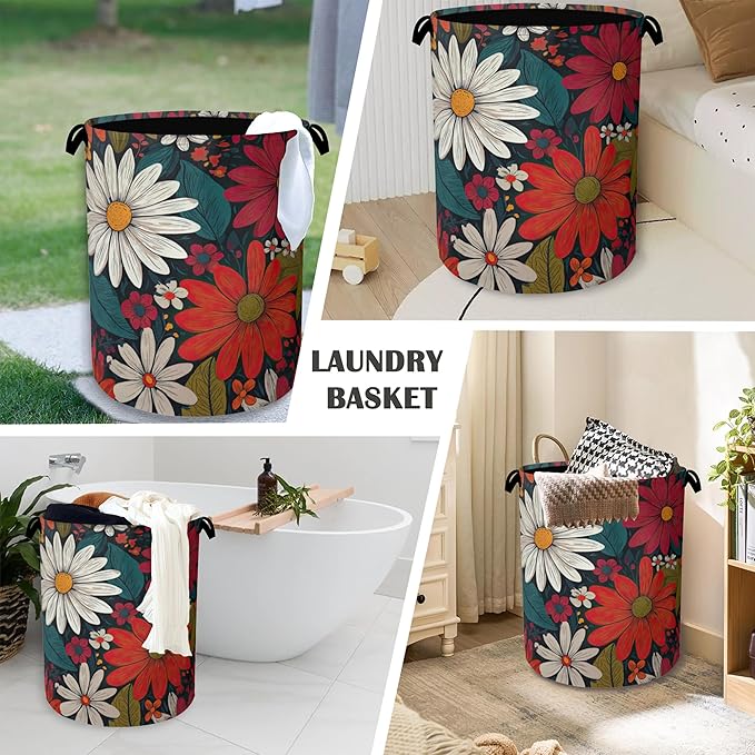 Retro Red Daisy Flowers Laundry Hamper,Dirty Clothes Laundry Basket with Handles Waterproof Oxford Cloth Storage Basket for College Dorms Bathroom Bedroom 16" x 20.8"
