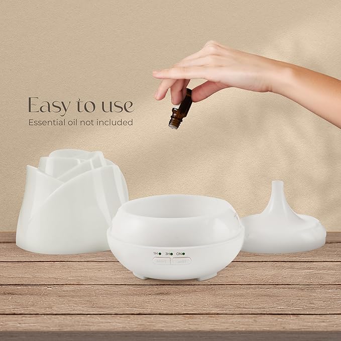 Earnest Living Rose Essential Oil Diffuser 150ml – Mini Ultrasonic Aromatherapy Humidifier for Bedroom & Desk, Quiet Mist, USB Powered, 7-Color Night Light, BPA for Women – Solid White