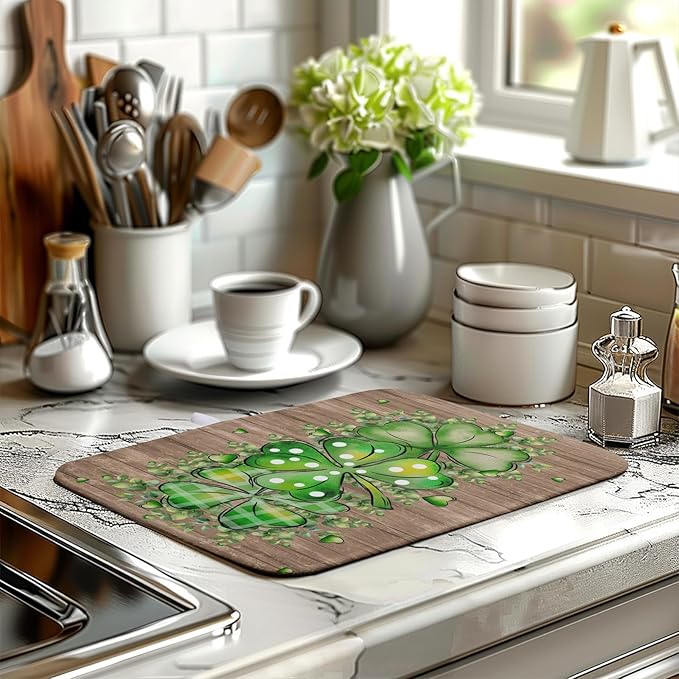Wnoesat St Patricks Day Wooden Plank Shamrock Drying Mat for Kitchen Counter St Patrick Eucalyptus Leaves Clover Dish Drainer Mats Absorbent Microfiber Dishes Pad Reusable Washable Dry Mat 16x18 Inch