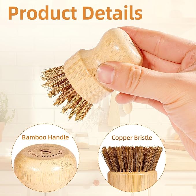 SAMBUTECO Cast Iron Cleaner Scrubber with Copper Bristle Natural Bamboo Handle Heavy Duty Pot Brush for Cast Iron Pans, Cast Iron Skillets Dutch Ovens Pots BBQ Grill Rust Removal and Cleaning