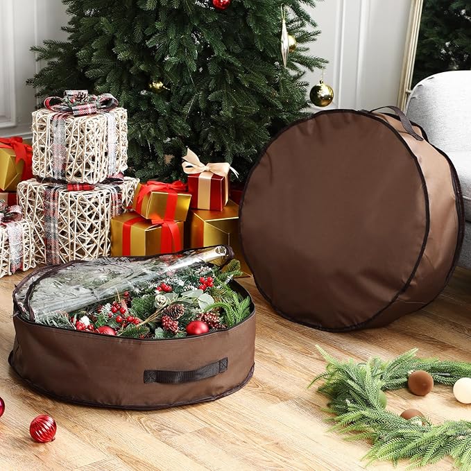 4 Pack Wreath Storage Container, 36 Inch Christmas Wreath Storage Box with Clear Window and Handles Upgrade Oxford Cloth Garland Bags with Dual Zipper for Xmas Wrapping, Brown