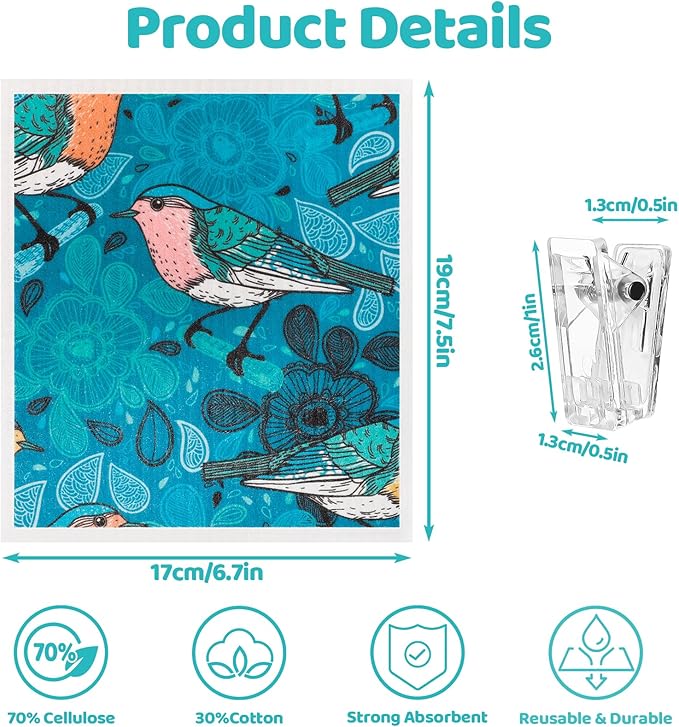 6 Pack Swedish Dishcloths for Kitchen, Swedish Rags Absorbent Retro Bird Dish Cloths Dish Towels with Adhesive Clips, Reusable Paper Towels No Odor for Cleaning Kitchen Valentines Gifts for Women