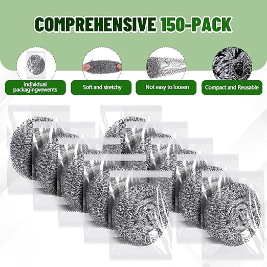 Honeydak 150 Pack Stainless Steel Scourers Steel Wool Scrubbers Bulk Separately Packaged 2.5 Inch, 15 Gram Metal Scourers Sponges Wire Scouring Pad for Stove Pot Pan Oven Kitchen Restaurant(Classic)