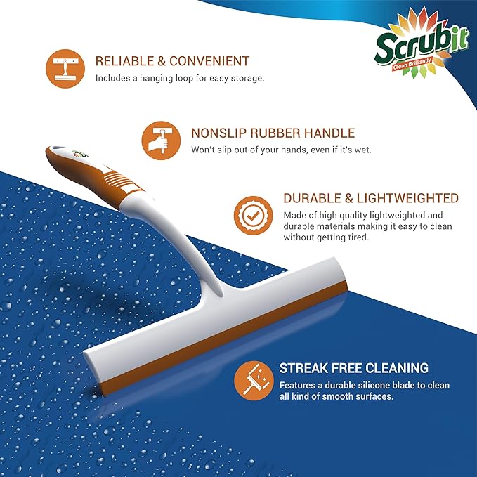 SCRUBIT Window and Shower Squeegee, Lightweight Squeegy Cleaner for Windows, Glass, Car Windshield, and Mirror - Streak Free Cleaning Tool for Shower Doors, Kitchen and Bathroom