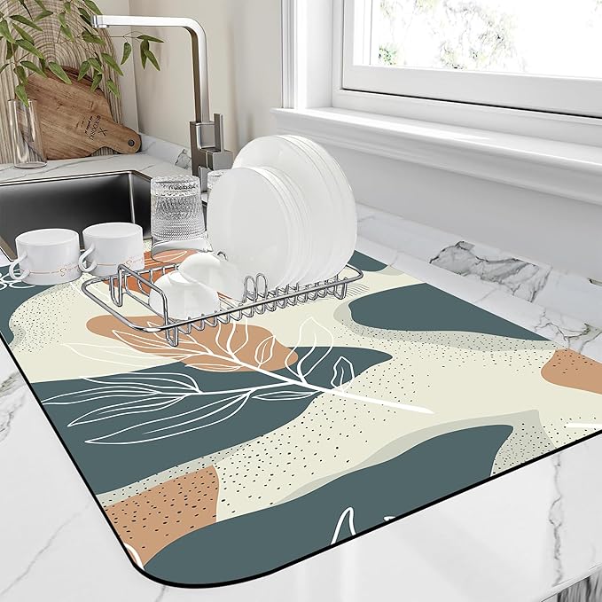 Abstract Flowers Leave Dish Drying Mat Creative Floral Kitchen Mat 12"x19" Bsorbent Coffee Maker Mat for Dishes Utensils Coffee Maker Pots and Pans Easy Clean Dish Slip Resistant Pad