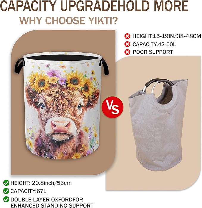 Collapsible Laundry Basket,Cute Highland Cow Dirty Clothes Hamper,Watercolor Flowers Hampers for Bedroom Waterproof Oxford Cloth Storage Organizer for Bathroom,Nursery,Dorm,16x20 Inch