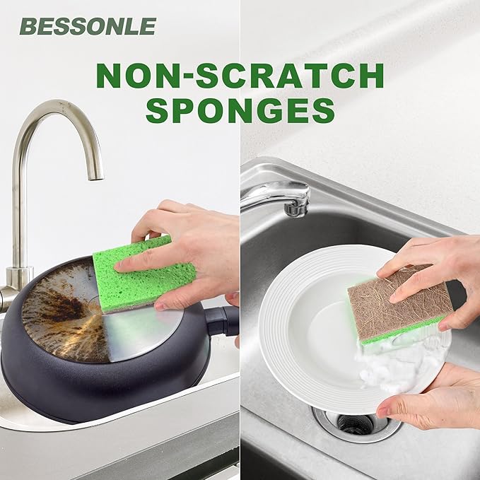BESSONLE 10 Pack Biodegradable Natural Sponges Kitchen - Compostable Cellulose and Coconut Walnut Scrubber Sponge - Eco Friendly Sponges for Dishes