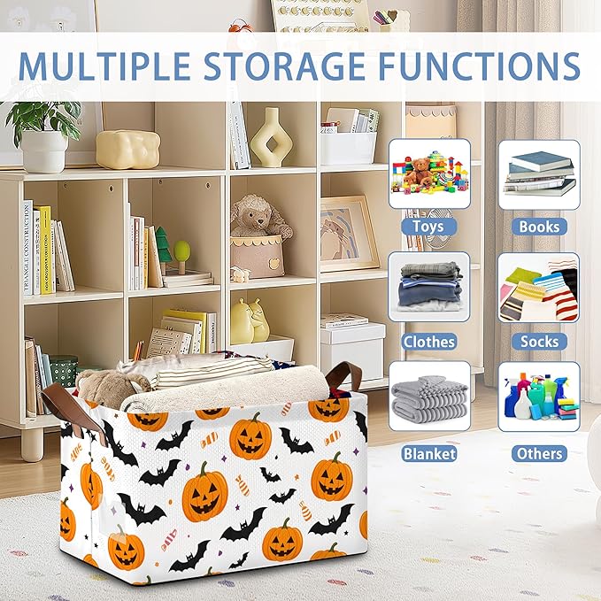 Halloween Pumpkin Bat Storage Baskets,Candy Foldable Organizer Bin with Handles for Home Living Room Bedroom Closet Box 17x11.5x10Inch