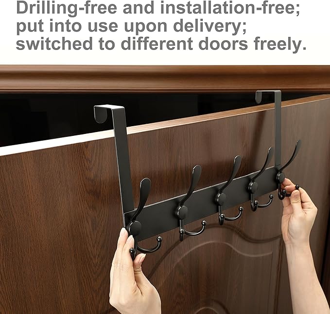 OIM OMIIOMIO No Drill, No Installation Over The Door Coat Rack with 15 Hooks - Door Hanger Organizer for Towels, Coats, Hats | Bathroom, Bedroom, Closet Storage Solution