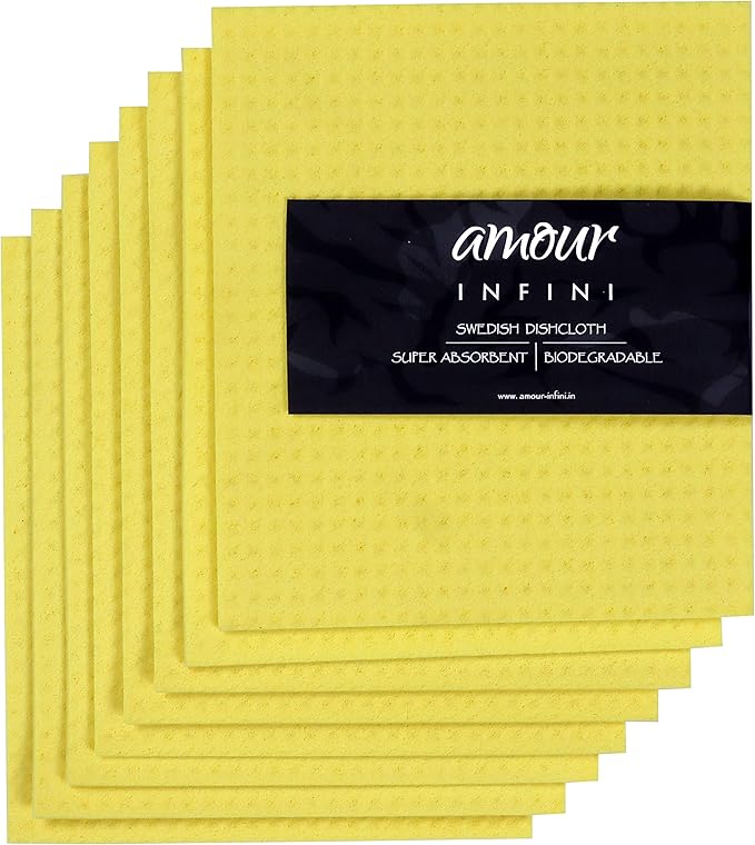 AMOUR INFINI Swedish Dishcloth Cellulose Sponge 8 Pack - No Odor, Resuable and Absorbent Cleaning Cloths for Kitchen, Bathroom, Glass Surface, Furniture (8"x7" Inch - Yellow)